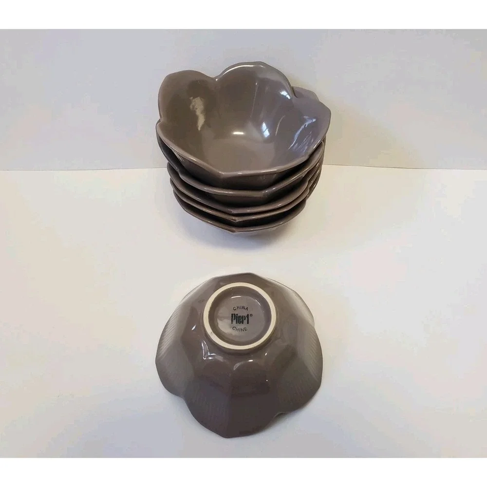 Vintage Pier 1 Lotus Flower Bowls Taupe/Brown Porcelain Set of 6 Cottagecore